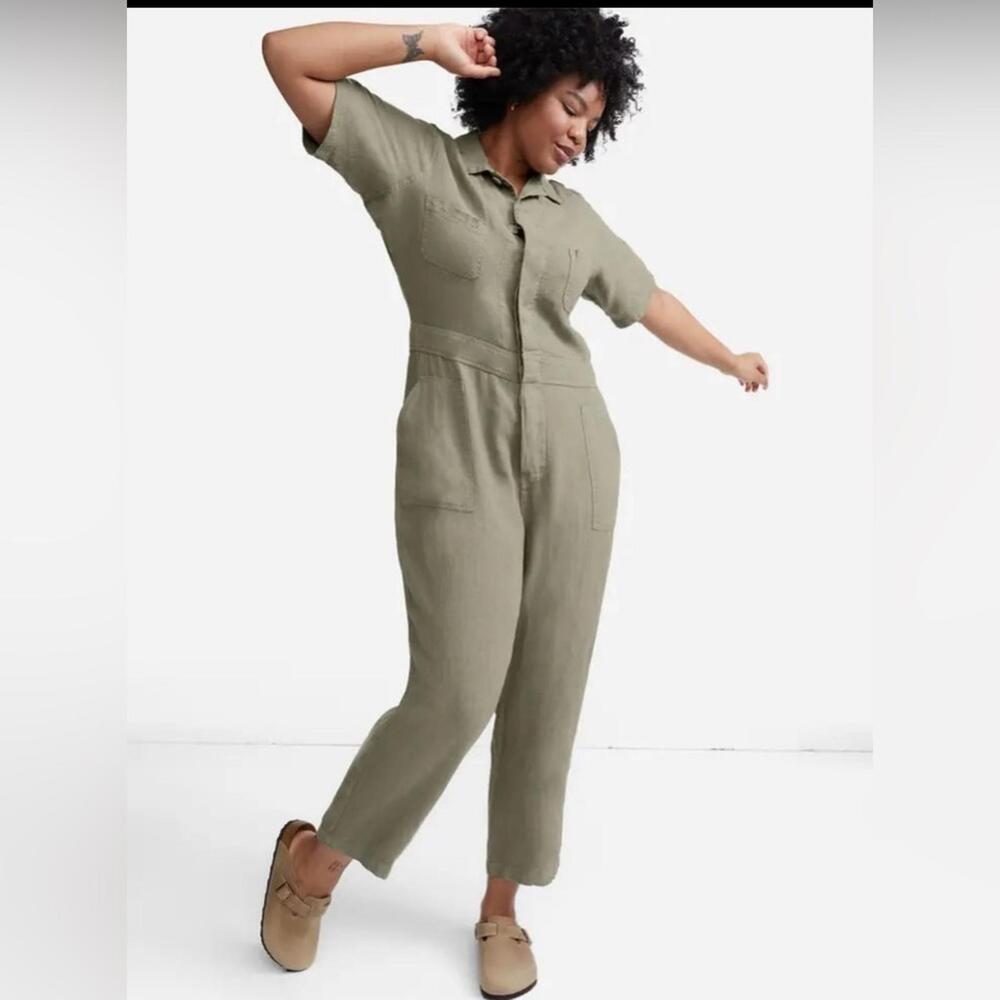 NWT Mate The Label 100% Organic Linen Sage Short Sleeve Button Up Jumpsuit Med